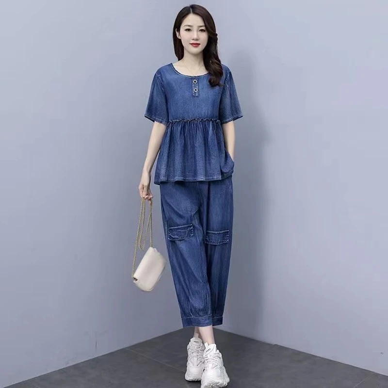 牛仔棉妈妈套装夏季中年减龄洋气宽松薄款上衣休闲裤两件套爆