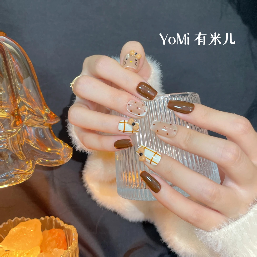 YoMi【黄KT】初秋秋季猫眼手绘纯手工简约可重复穿戴美甲-77