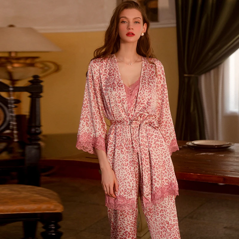 【琼壶歌月】法式吊带豹纹三件套纯欲家居服套装夏季性感蕾丝宽松