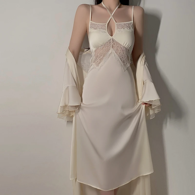 瑰若夏季内衣纯欲深V聚拢加胸垫冰丝吊带睡裙舒适外袍4553睡衣