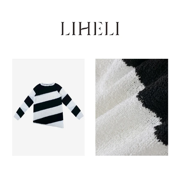 宝儿家-「黑白基准罩衫」24春夏复古双拼条纹显瘦黑白时尚针织衫