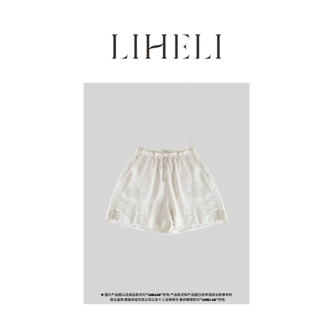 宝儿家-「清爽亚麻短裤」夏季时尚宽松休闲松紧腰抽绳亚麻阔腿短裤