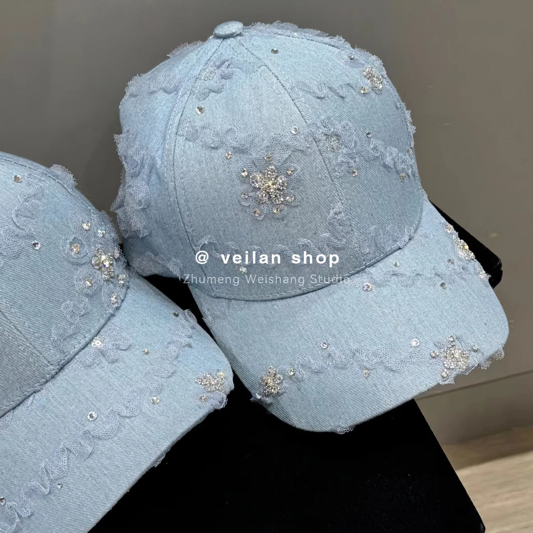 韩国进口东大门新款牛仔蕾丝棒球帽时尚镶钻鸭舌帽高端防晒遮阳帽