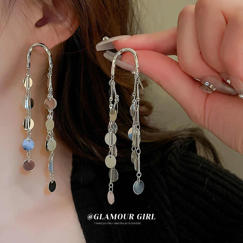 铜合金耳饰 亮片流苏长款耳环女小众设计感轻奢气质时尚百搭耳饰