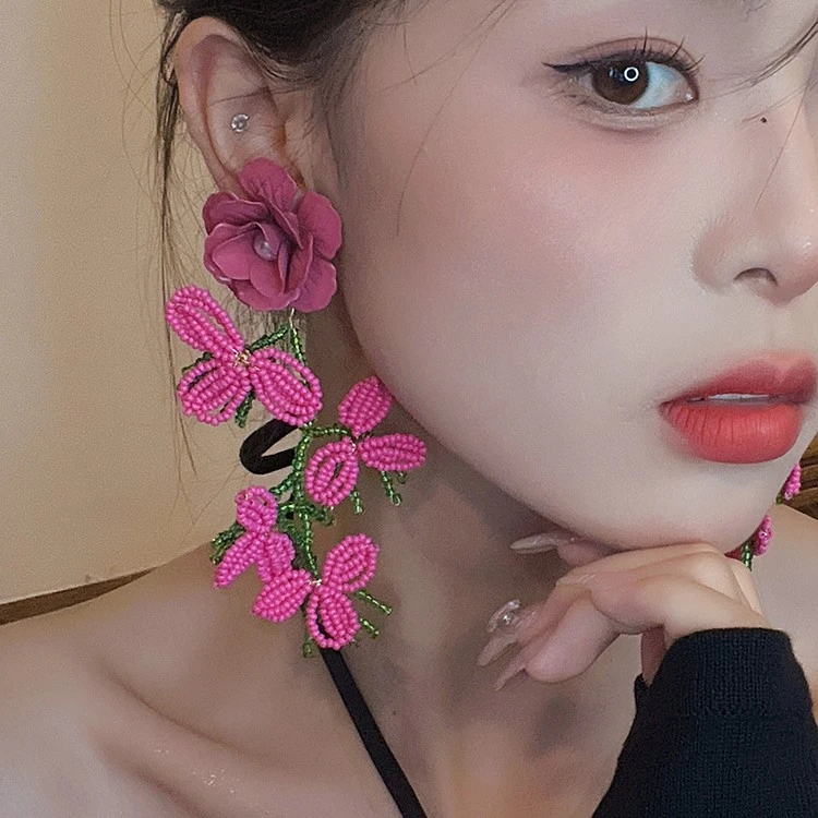 铜合金耳饰 编织米珠花朵流苏耳环欧美夸张耳坠结婚晨袍跟妆耳饰