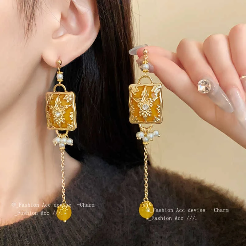 合金树脂耳饰 花朵方形流苏耳环复古时尚轻奢高级耳坠宫廷风耳饰