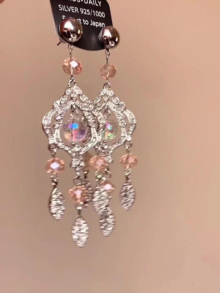 铜合金仿水晶耳饰 复古镂空流苏超闪耳钉小众精致宫廷风树叶耳饰