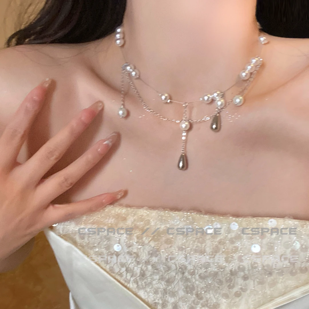 铜合金项链 珠珠项链双层串珠水滴吊坠不规则锁骨链设计感流苏
