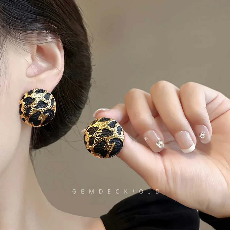 铜合金耳饰 韩系复古金色豹纹耳钉摩登气质时尚耳环秋冬小众耳饰