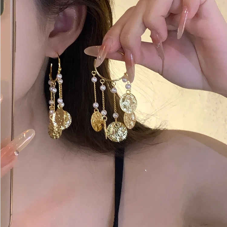 铜合金仿珍珠耳饰 欧美小众设计感金属圆圈流苏耳环轻奢气质耳饰