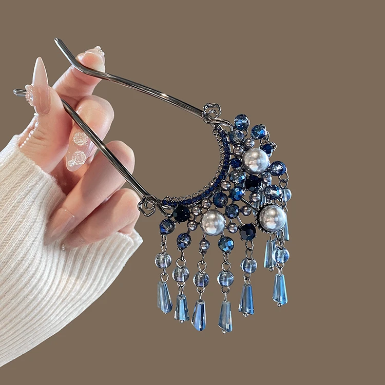 新中式珠珠流苏U型发簪女新款高级感步摇簪子后脑勺盘发头饰发钗