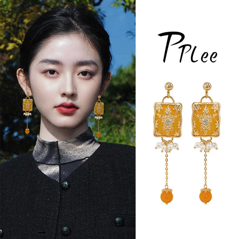 铜合金仿珍珠耳饰 柿柿如意方牌流苏耳环新中式小众设计长款耳坠