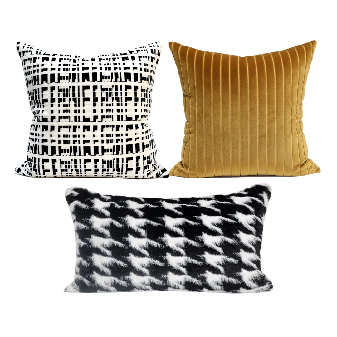 现代简约软装沙发抱枕靠垫酒店民宿样板房卧室床品靠枕千鸟格黄色