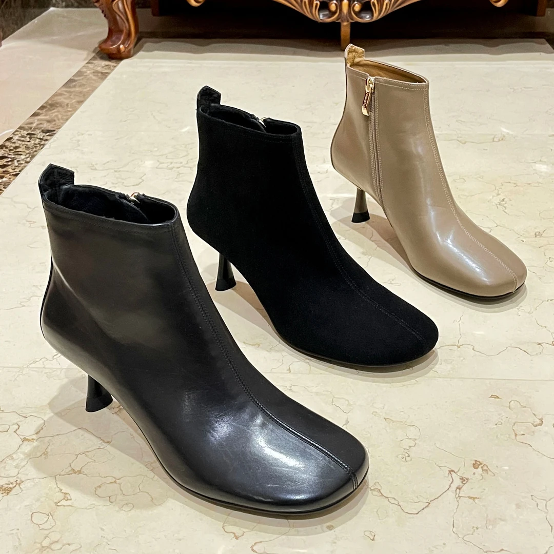 娃娃头细跟女鞋胎牛皮女短靴圆头春秋冬女靴百搭纯色及踝靴