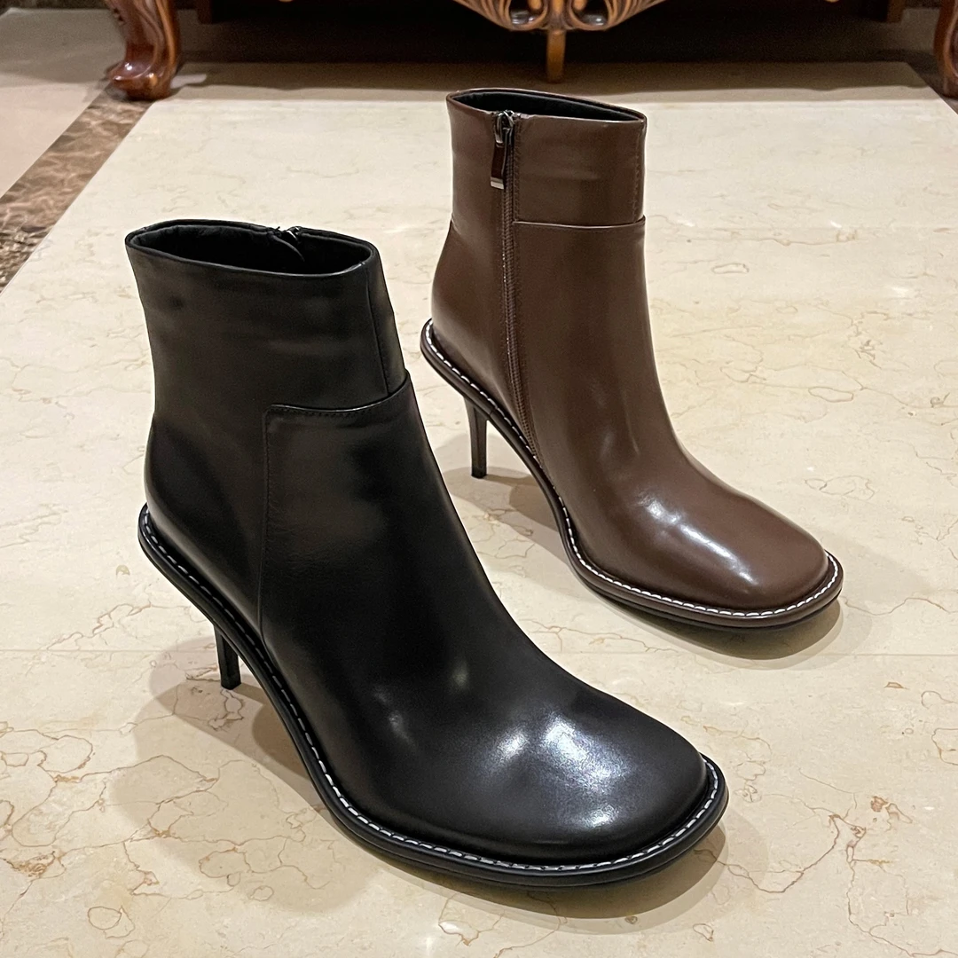 时尚极简风增高细跟胎牛皮女迪普靴短靴圆头秋冬加绒娃娃头瘦瘦靴