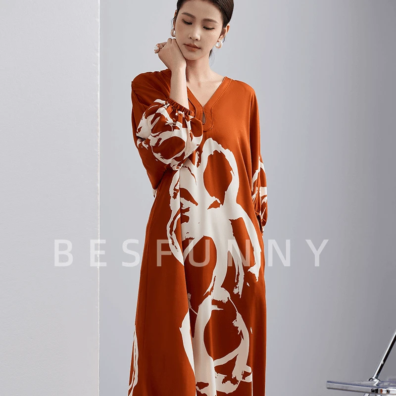 Besfunny露姐「橙绘」重磅桑蚕丝蝙蝠袖长款大牌袍式真丝连衣裙