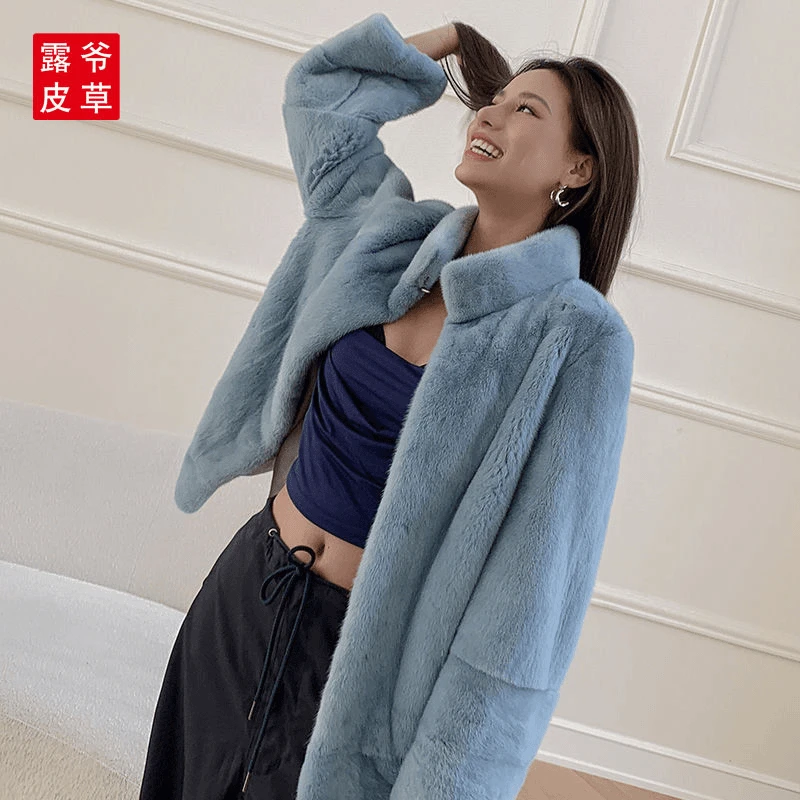 Besfunny2025新款水貂貂皮大衣外套女蓝色短款立领修身显瘦款
