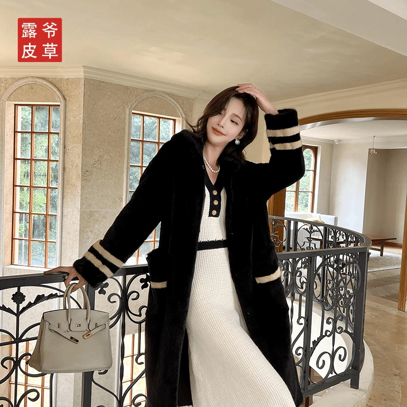 Besfunny露爷皮草水貂貂皮大衣毛毛外套女冬长款连帽黑色水貂