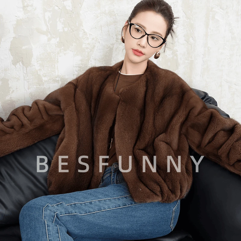 Besfunny2025年新短款水貂咖啡本色年轻减龄貂皮大衣皮草外套整貂