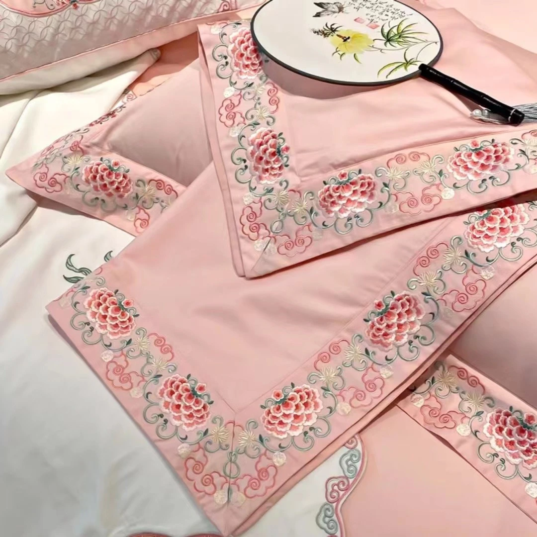 新款富贵花开福芮fr粉色【全棉贡缎四件套】吉祥如意绣花