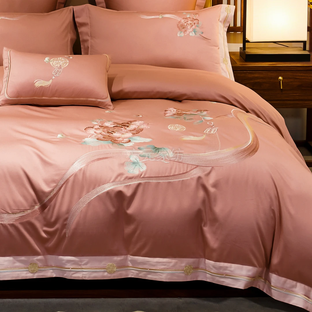 新品疏蓉sr橘粉色芙蓉花开婚嫁【全棉贡缎四件套】原创设计丝滑绣花