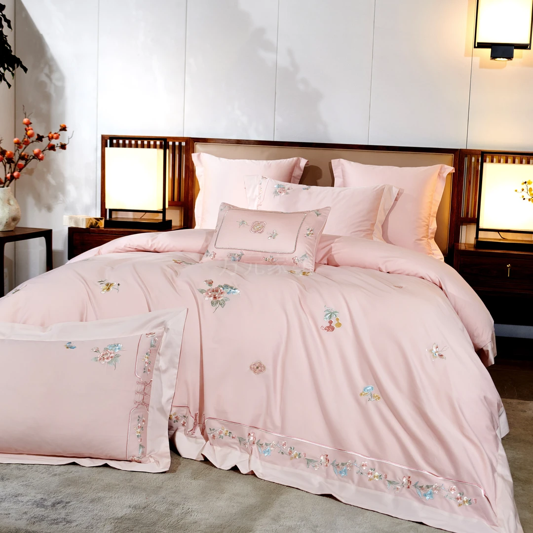 新品润锦rj前程似锦【全棉贡缎四件套】轻奢丝滑绣花苏绣四季款