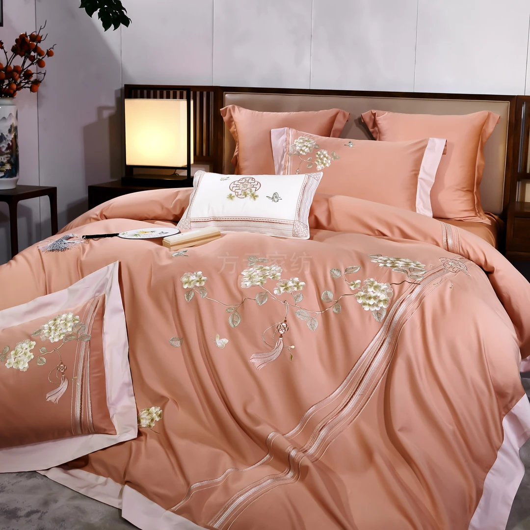 颜夕yx*【全棉贡缎四件套】结婚丝滑绣花高档轻奢新中式简约