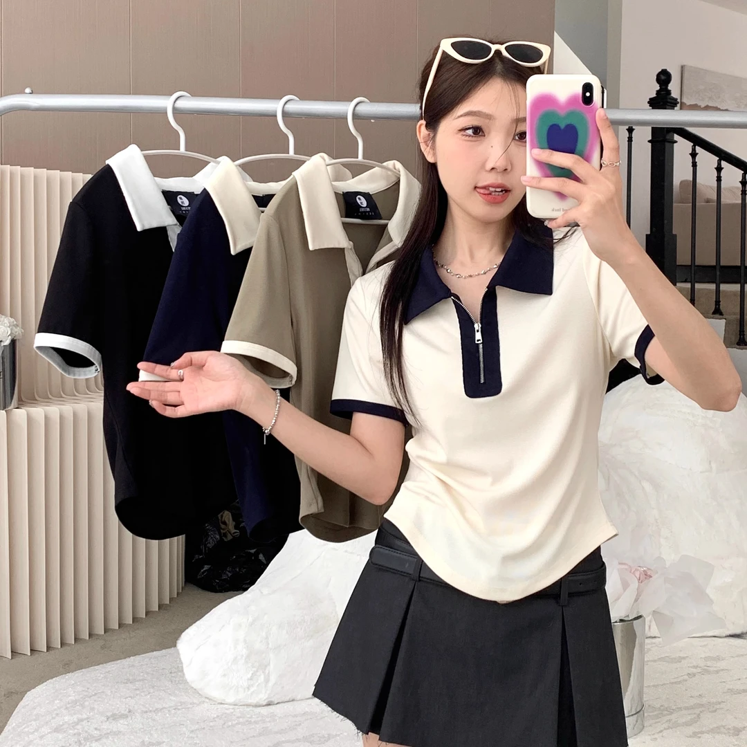 大码撞色polo领短袖T恤女正肩短款上衣胖mm休闲风棉质打底衫小众
