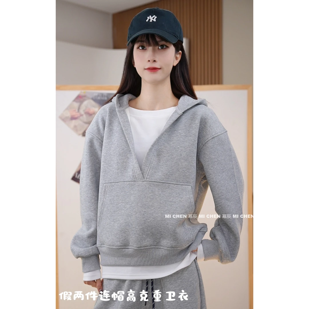 2024加绒加厚秋冬新款连帽卫衣假两件拼接上衣宽松休闲