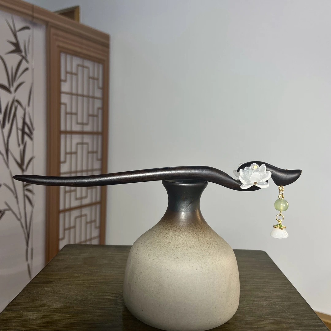天然黑檀木发簪18cm【洁莲】简约国风日常步摇旗袍盘发簪2305