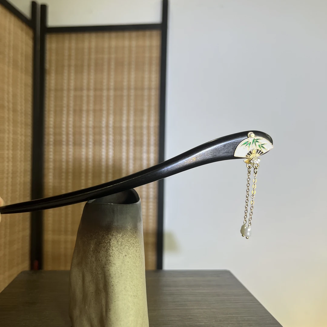 双面天然黑檀木发簪18cm【楚云】扇子日常简约流苏中国风古风盘发簪