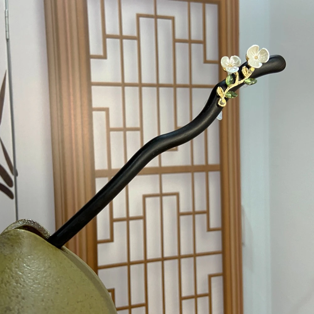 天然黑檀发簪加长【花满枝】玉兰花木盘发簪1039