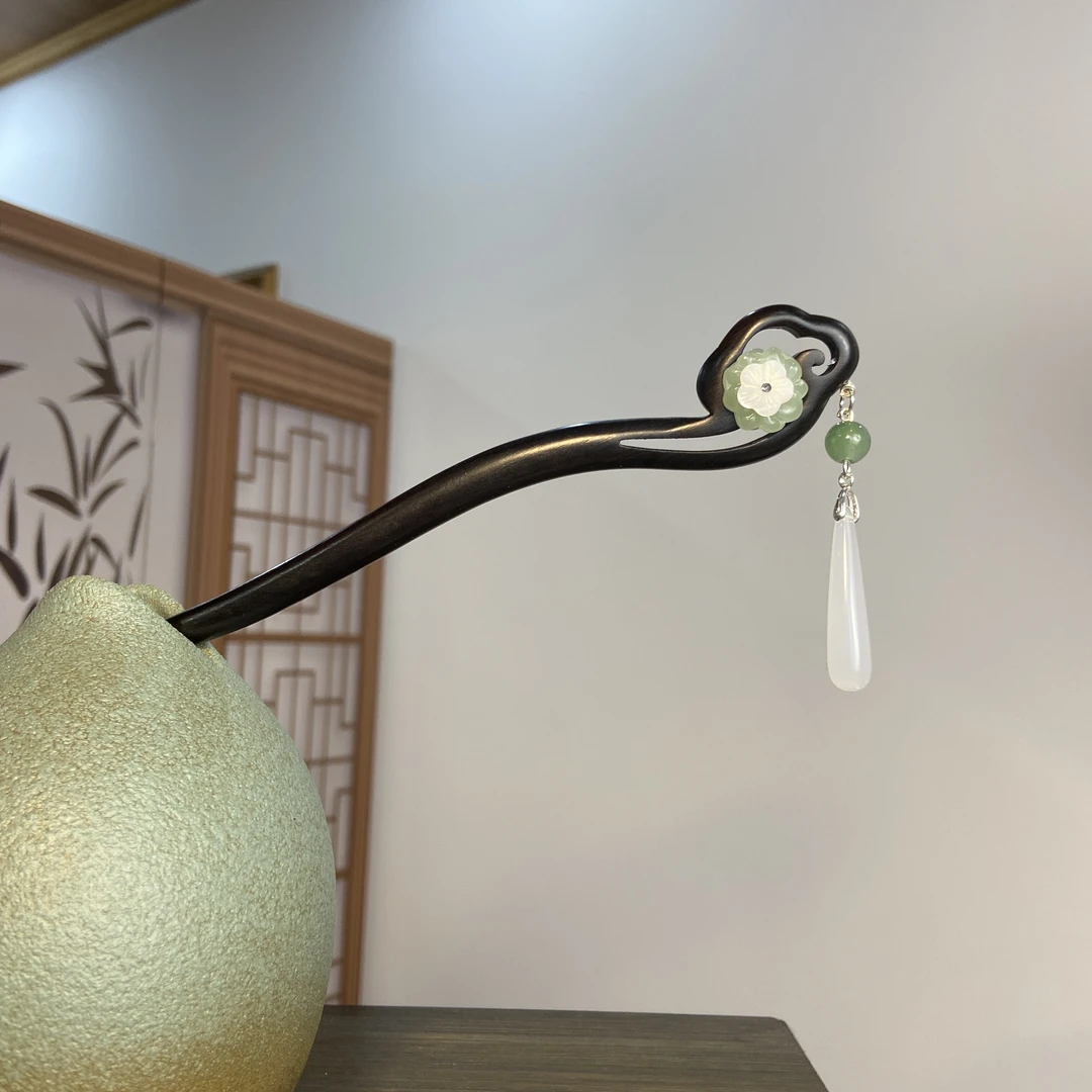 天然黑檀木发簪18cm【涵汐】新中式简约日常国风步摇古装盘发簪4155