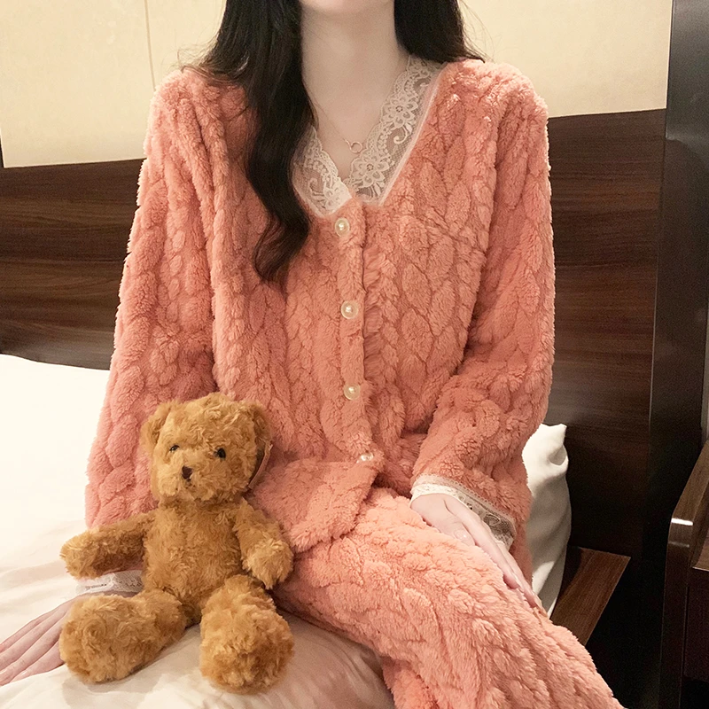 猫人珊瑚绒睡衣女秋冬加绒加厚保暖可外穿甜美可爱舒适家居服套装