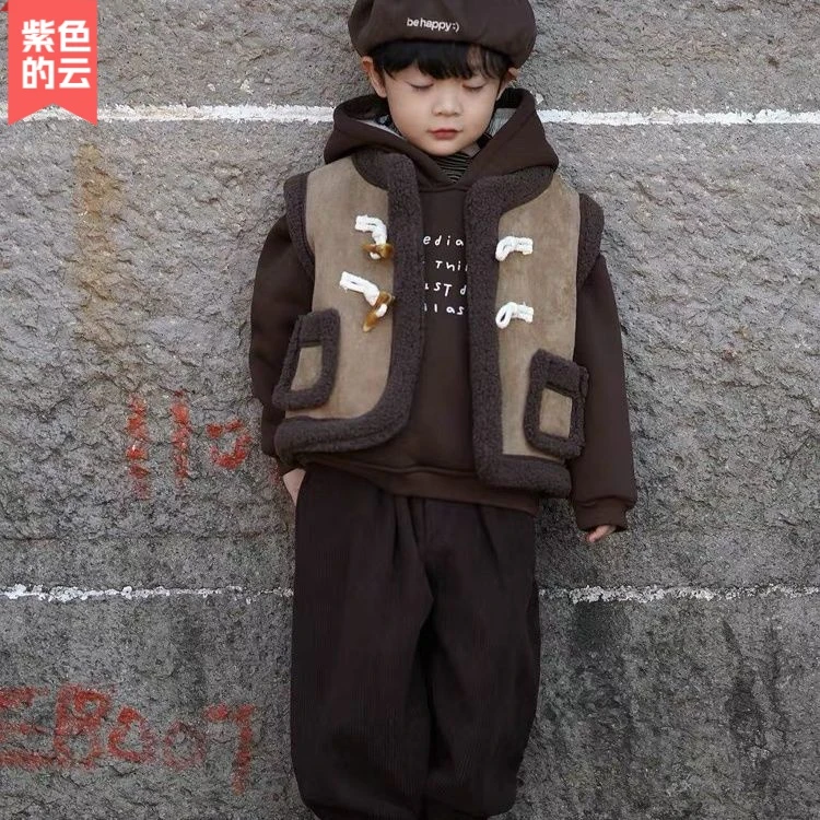 紫色的云儿童马甲套装2024冬季新款韩版男童羊羔保暖加绒加厚卫衣
