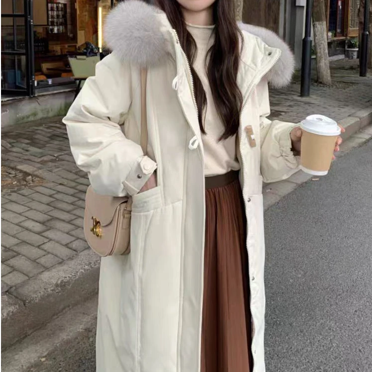 叉叉屋冬季时尚气质休闲加厚保暖长款毛领羽绒服