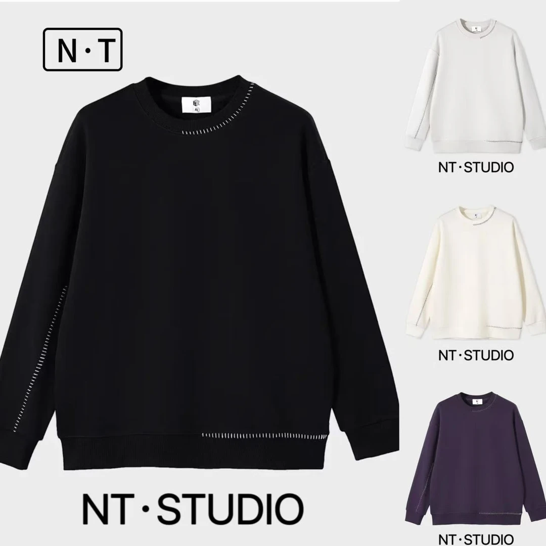 2024秋冬新款拼接明线百搭休闲圆领加绒卫衣男简约套头时尚