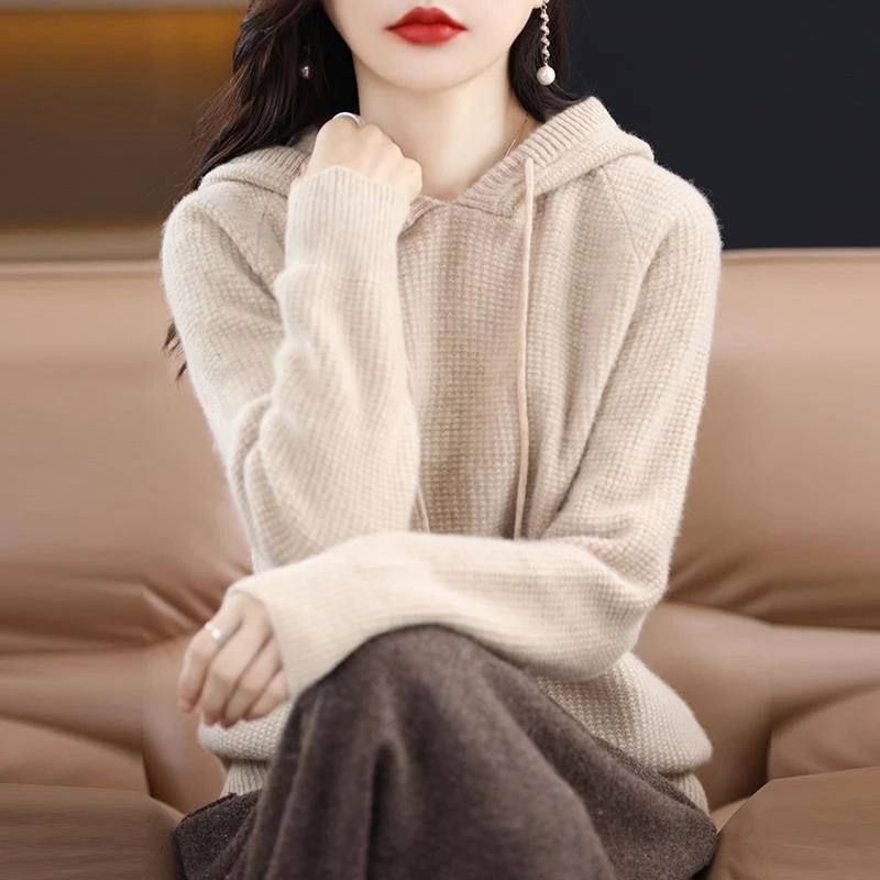 2023新款100%纯羊毛衫女连帽卫衣针织打底衫秋冬毛衣宽松时尚带帽