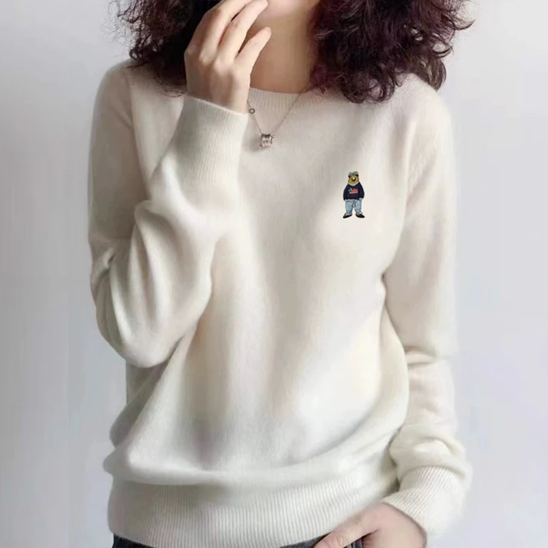 圆领羊毛衫女纯羊毛长袖刺绣2023秋冬宽松新款网红款针织打底衫女