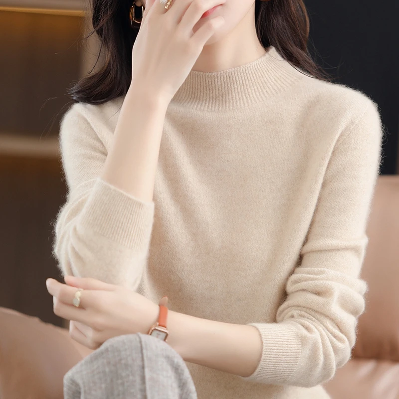 工厂福利 100羊毛衫女半高领打底毛衣套头羊毛针织秋冬百搭纯色