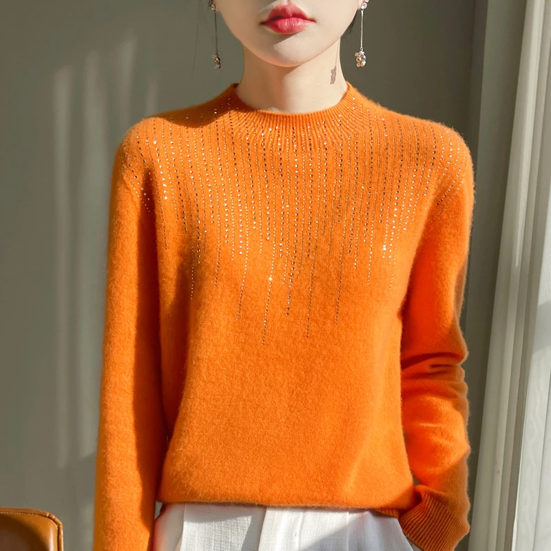 100%纯羊毛衫女士半高领烫钻新款内搭宽松打底上衣针织秋冬长袖