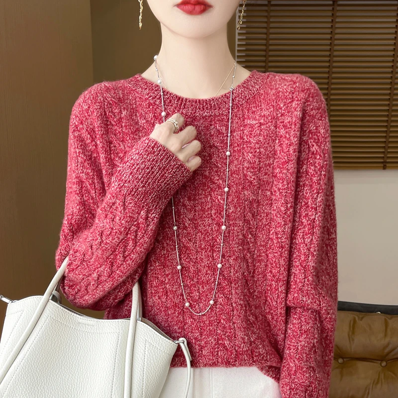 篙精系列 2024女圆领100纯羊毛衫女花纱麻花绞花加厚针织毛衣