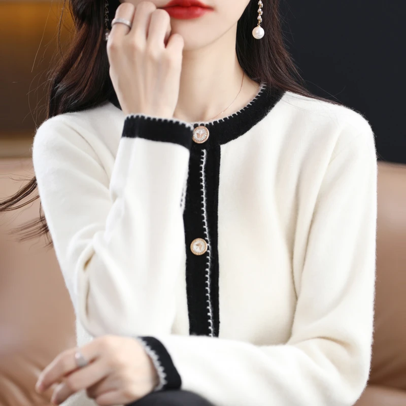 100羊毛法式开衫女小香风拼色早秋2025年春秋新款女装设毛衣外套