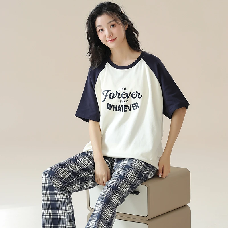 MILORD【撞色短袖】纯棉睡衣女可外穿休闲带胸垫防凸点春夏短袖长裤