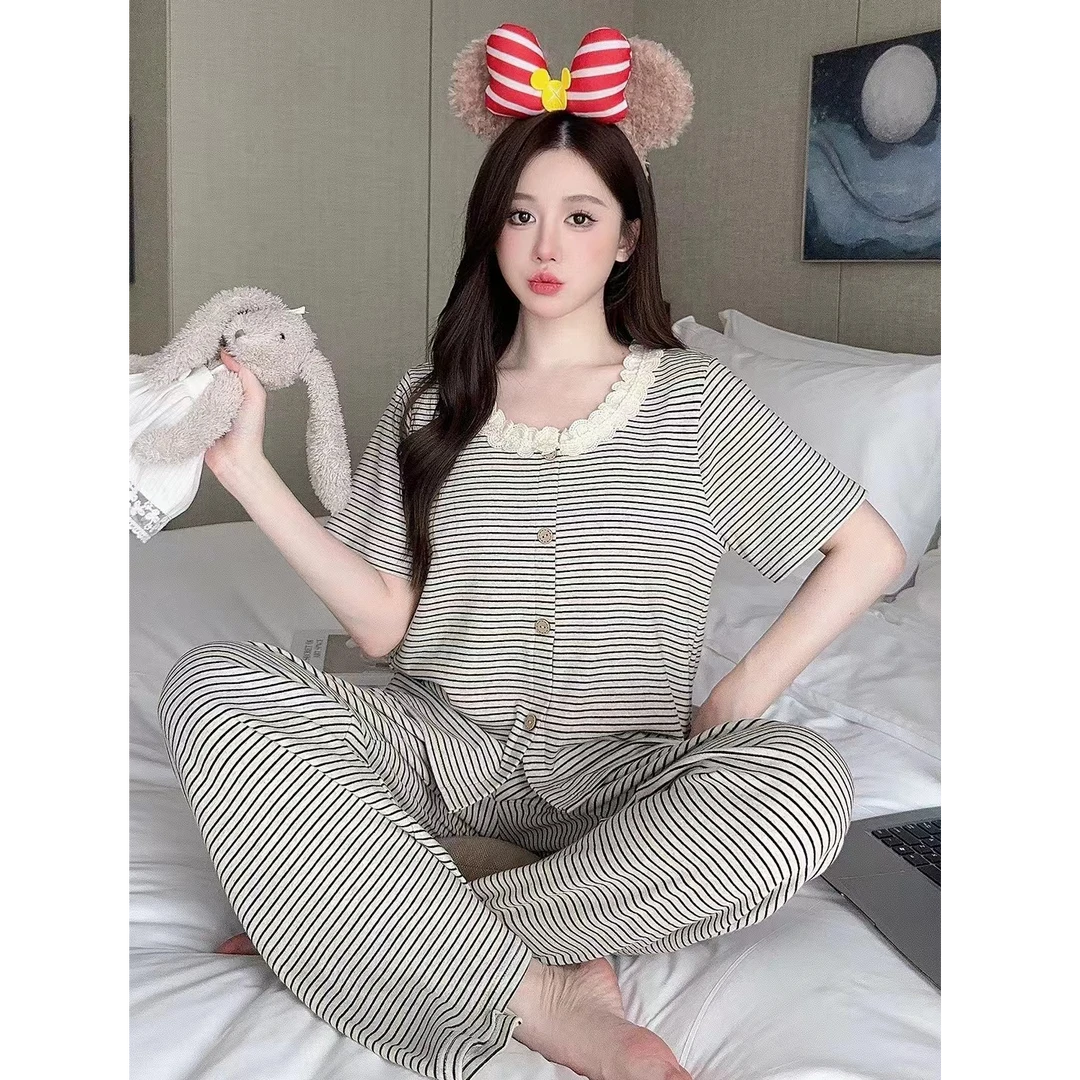 MILORD【花灰条纹】时尚睡衣女短袖长裤家居服休闲修身可外穿带胸垫