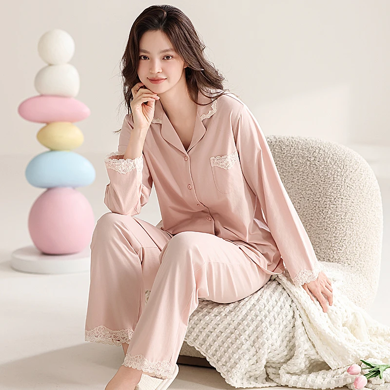 MILORD【蕾丝纯粉】时尚女士长袖长裤睡衣家居服休闲简约可外穿秋冬