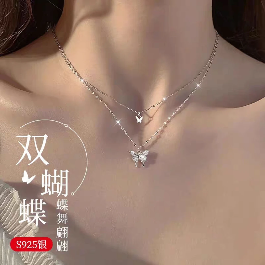 FARCOKO/法蔻 坠链均足银 蝴蝶项链女双层气质百搭送女友生日礼物