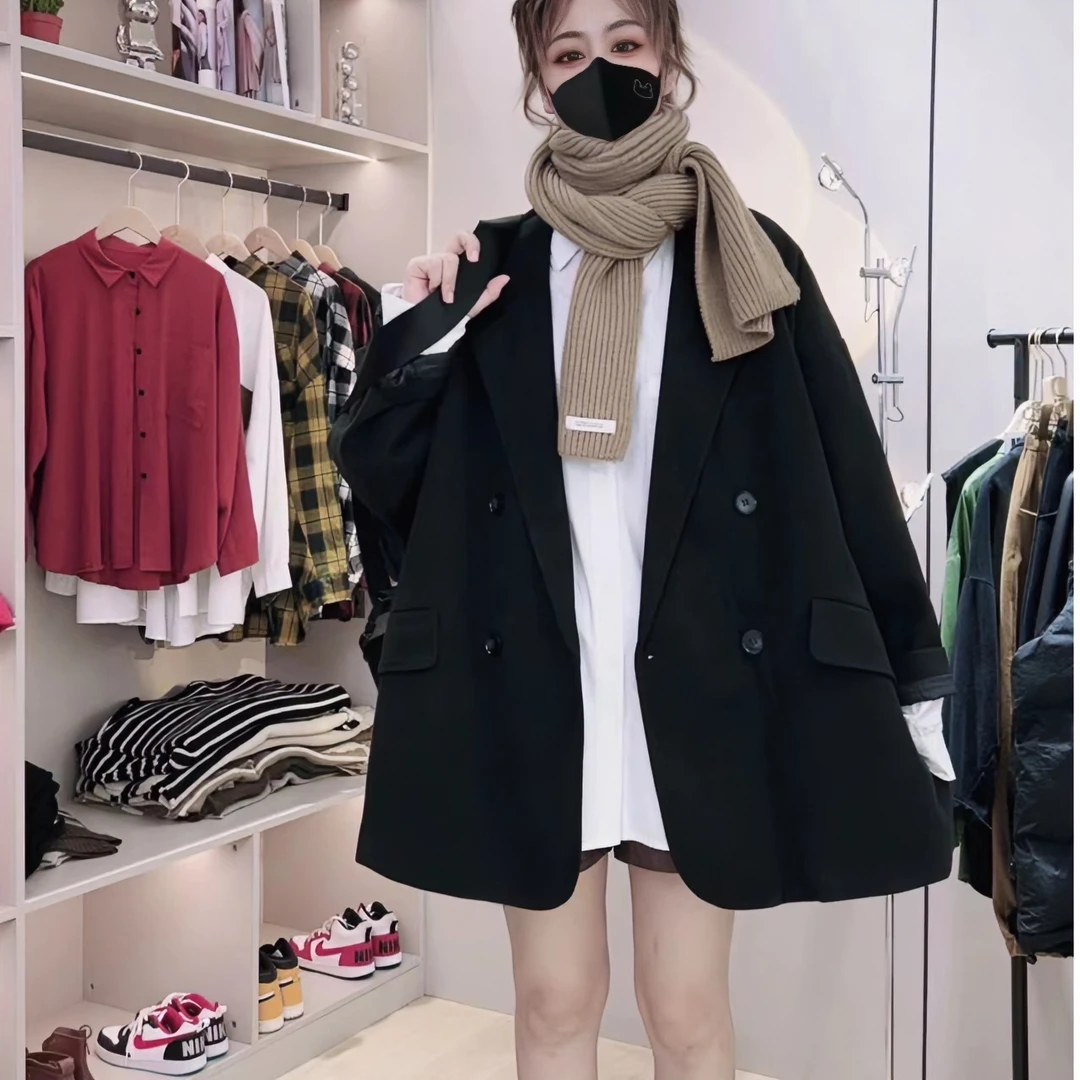 柚柚酱新款阔版宽松休闲百搭加棉加厚呢料西装