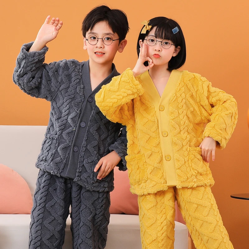 2022秋冬季儿童法兰绒睡衣女童加厚男孩女孩宝宝中大童家居服套装