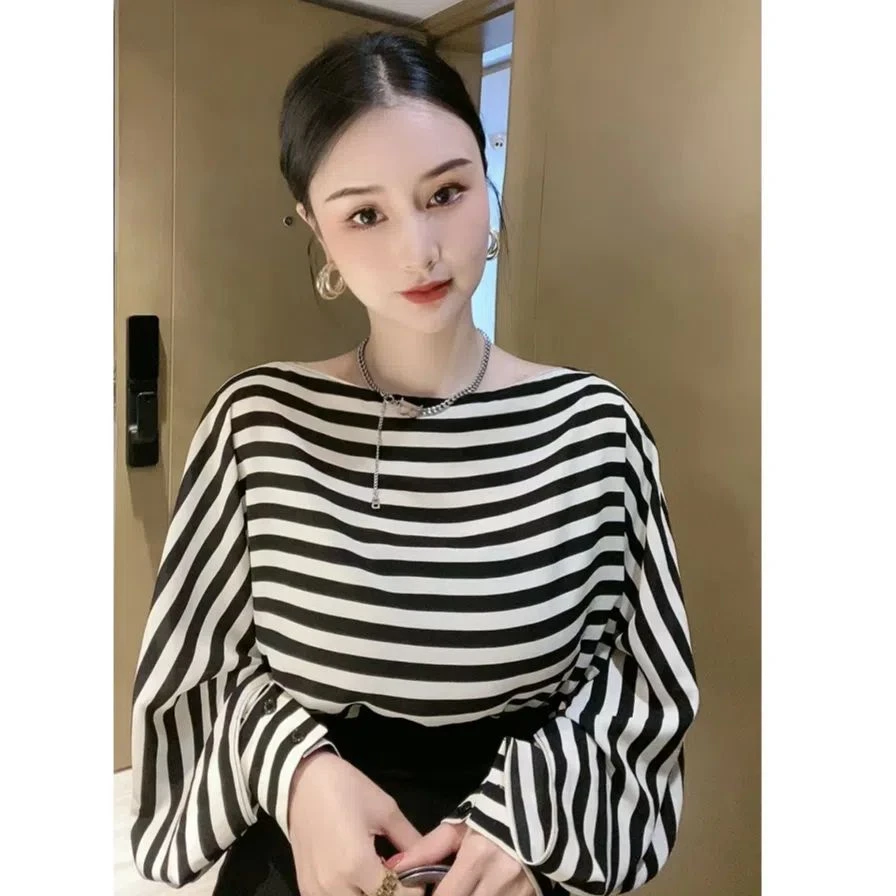 欧货条纹长袖防晒衬衫女2025夏季新款时尚显瘦宽松薄款一字领上衣